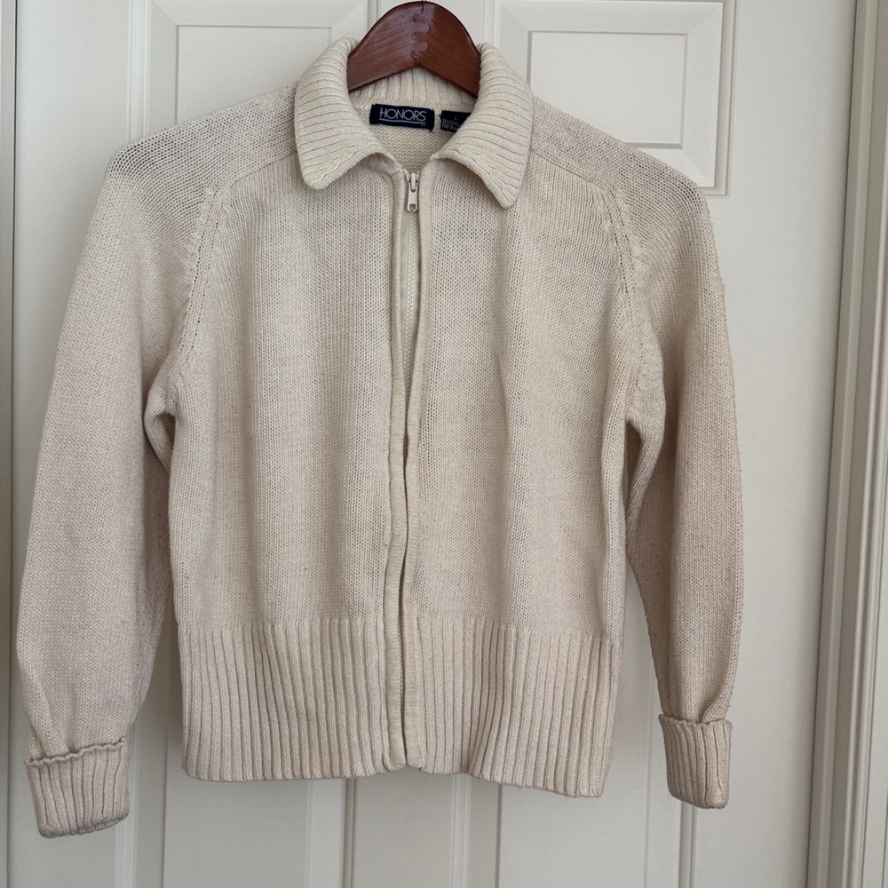 HONORS Knit Sweater Size L Cream Front Zipper Collar